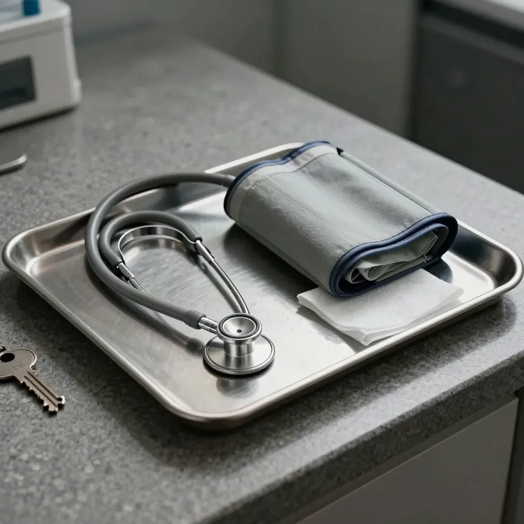 Stethoscope, blood pressure cuff, and metal tray on stone in dramatic clinic still life.