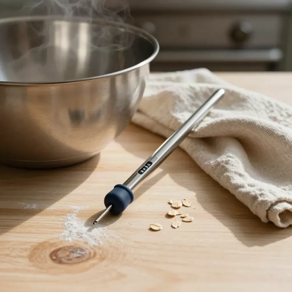 Chef thermometer and mixing bowl with linen towel on pale wood, steam rising.