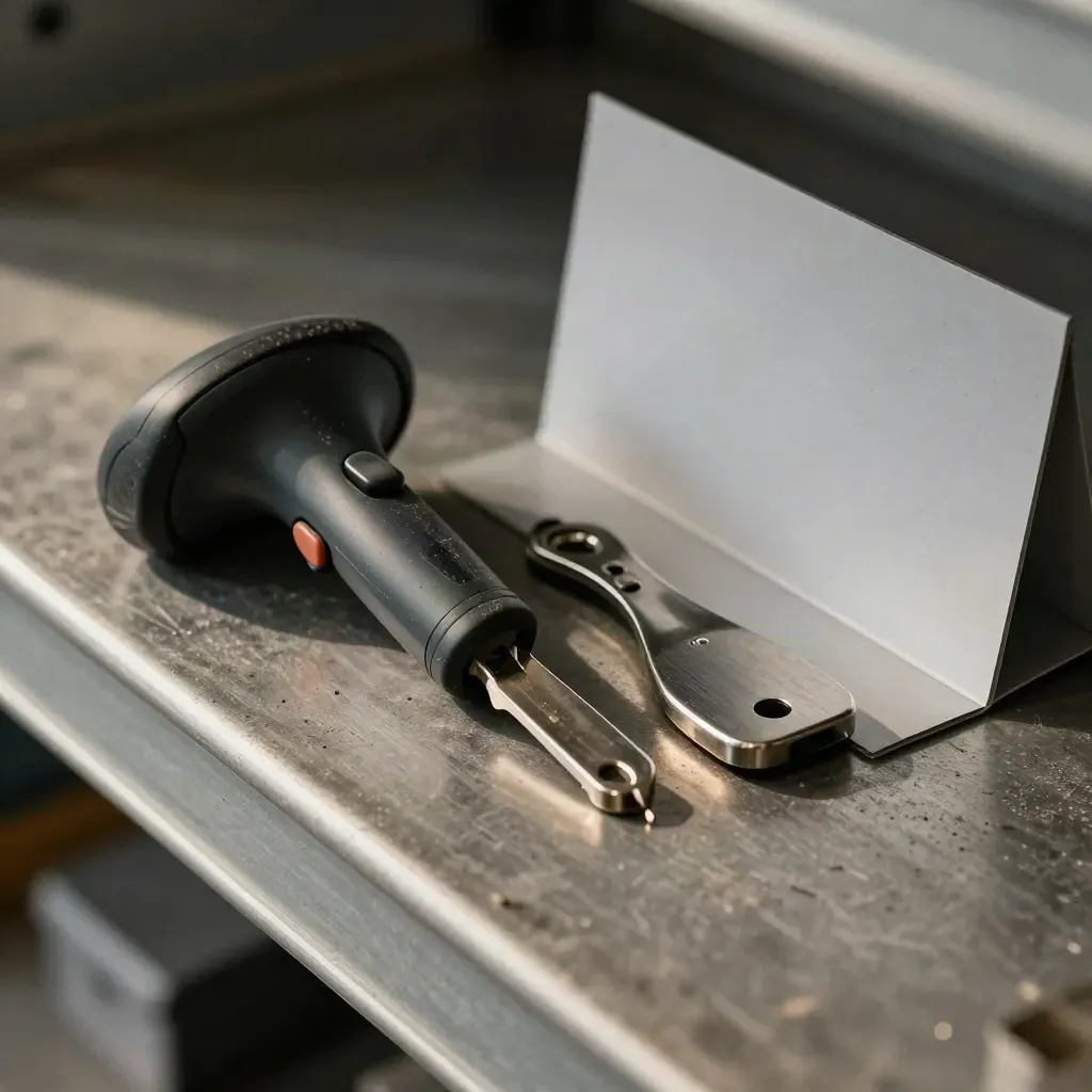 Retail checkout tools on brushed metal: barcode scanner, tag remover, shelf divider.
