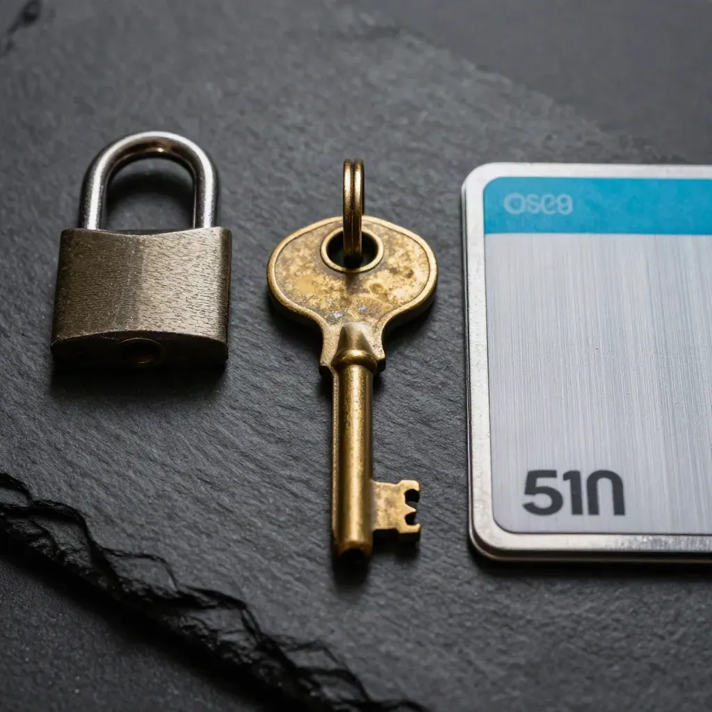 Brass key, hardware token, and sealed card holder on dark slate