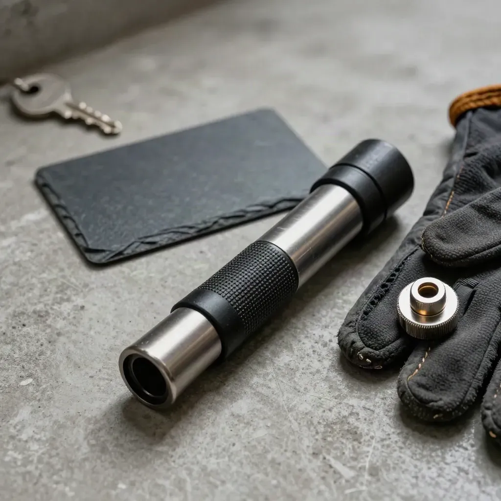Inspection torch, glove cuff and valve cap on concrete in dramatic industrial light.