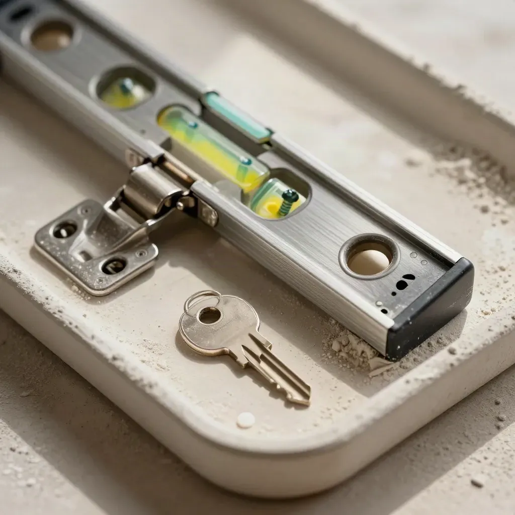 Spirit level, door hinges and key blank in a dusted tray on warm plaster, top-down macro.