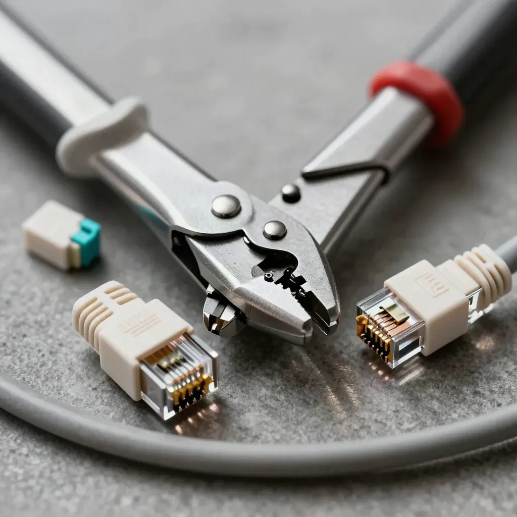 Macro repair still life with crimping tool, RJ45 plug, keystone jacks, and patch lead on stone.