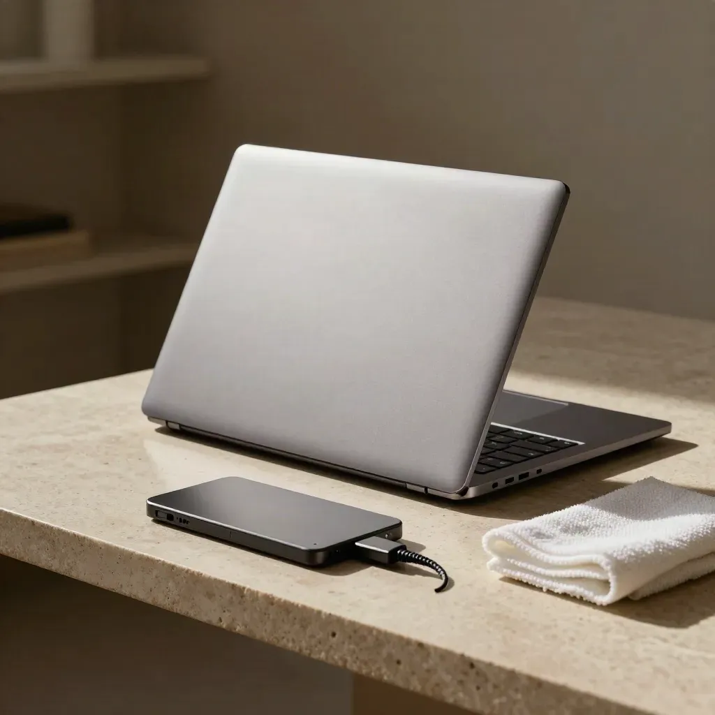 Closed aluminium laptop, keyboard corner and slim SSD on pale stone, lit from upper left