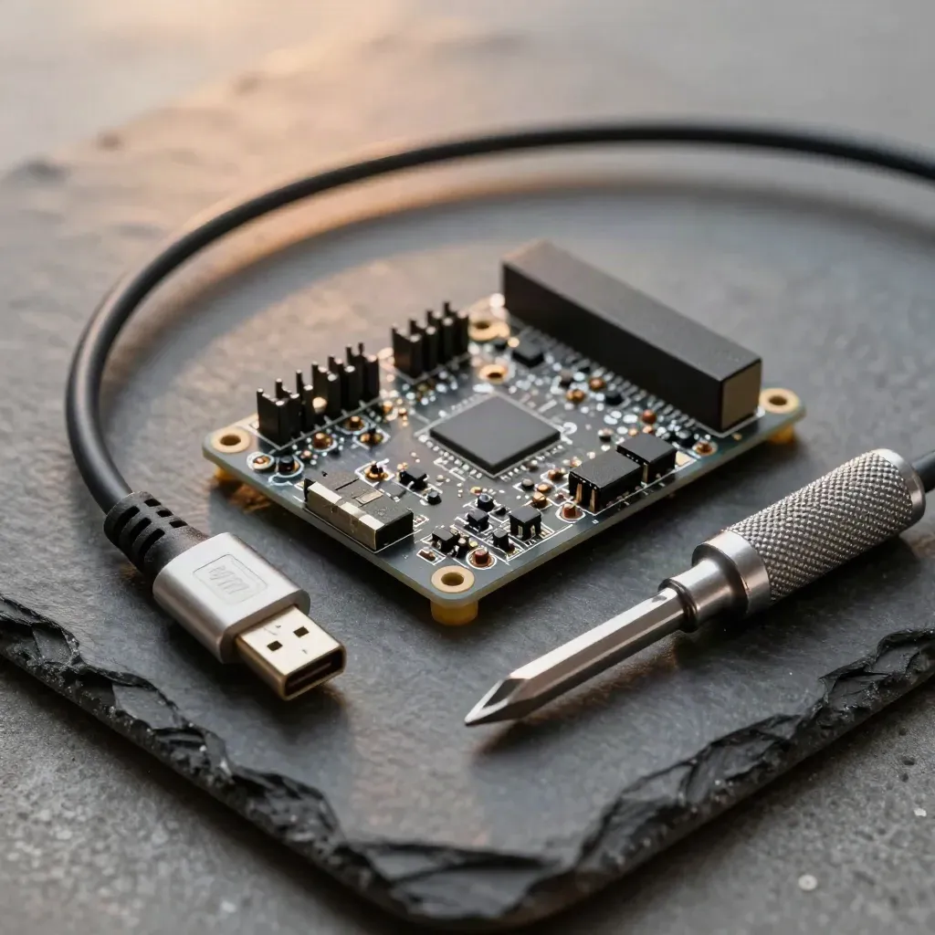 Microcontroller board with USB-C lead and precision screwdriver on dark concrete in hard side light
