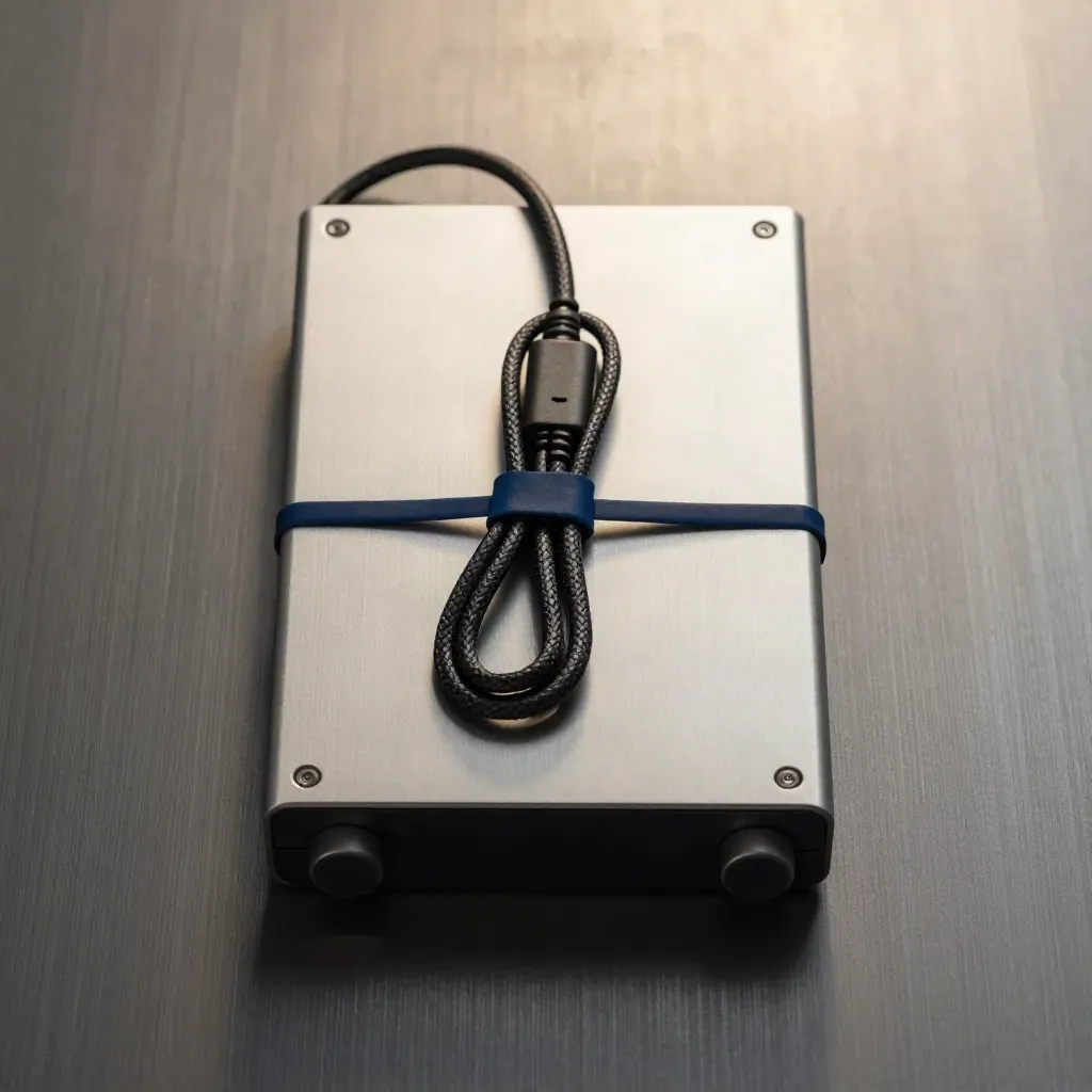 Top-down of mirrored backup drives, dock and braided cable on brushed metal.