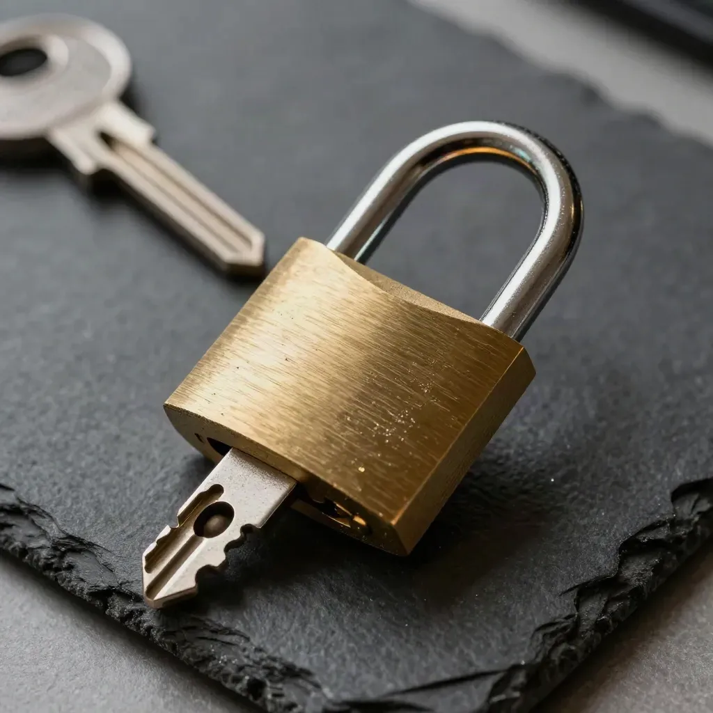Macro still life of a security key, brass padlock, and tamper clip on slate