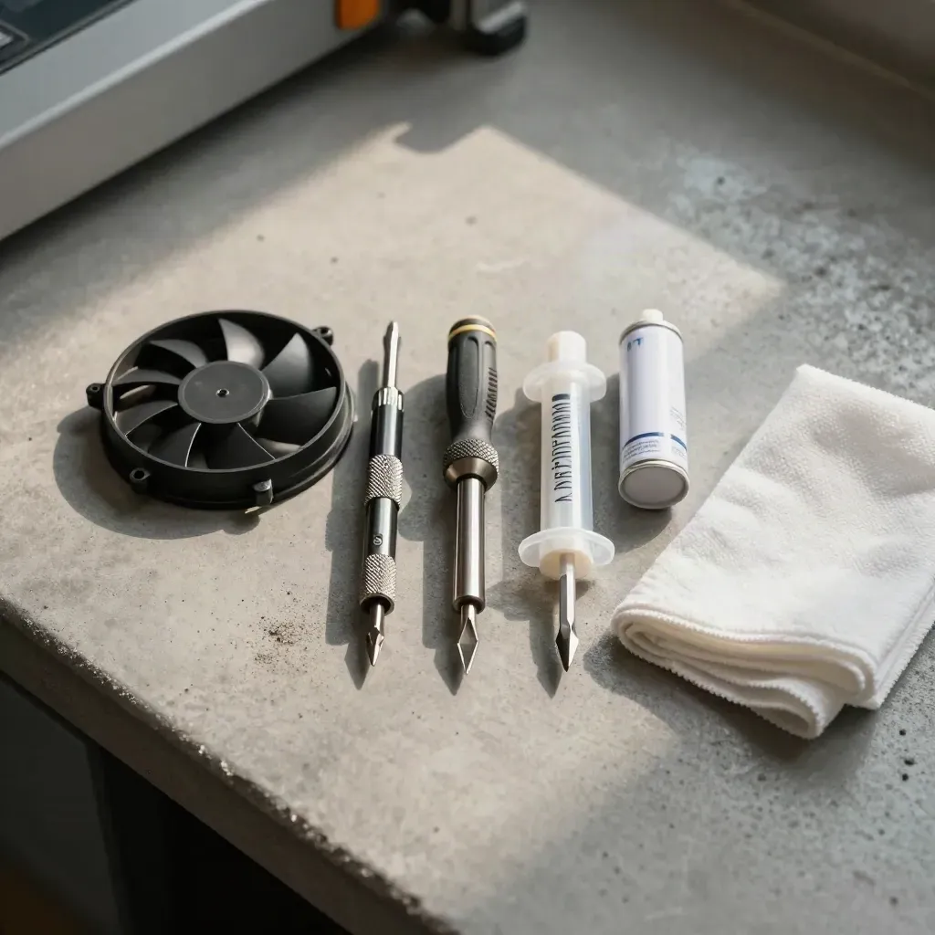 Overhead tech maintenance tools on pale concrete with hard upper-left light.