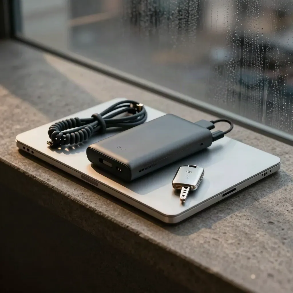 Closed ultrabook, power bank, cable coil and key fob on a stone ledge by misted glass