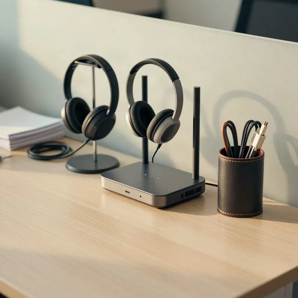 Docking station, headset stand, router and cable caddy on pale wood, viewed through a blurred divider.