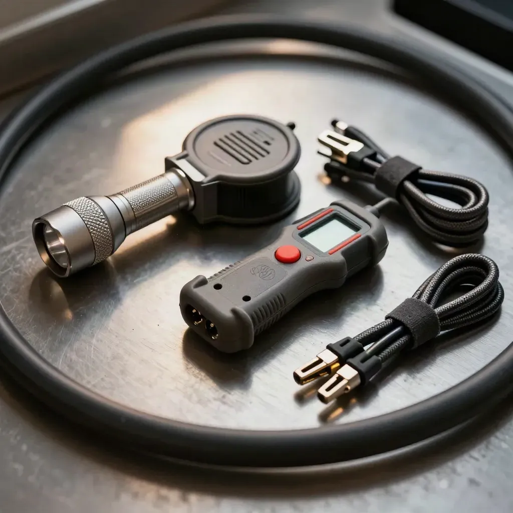 Cable tester, flashlight, badge reel and patch leads on brushed metal under hard studio light.