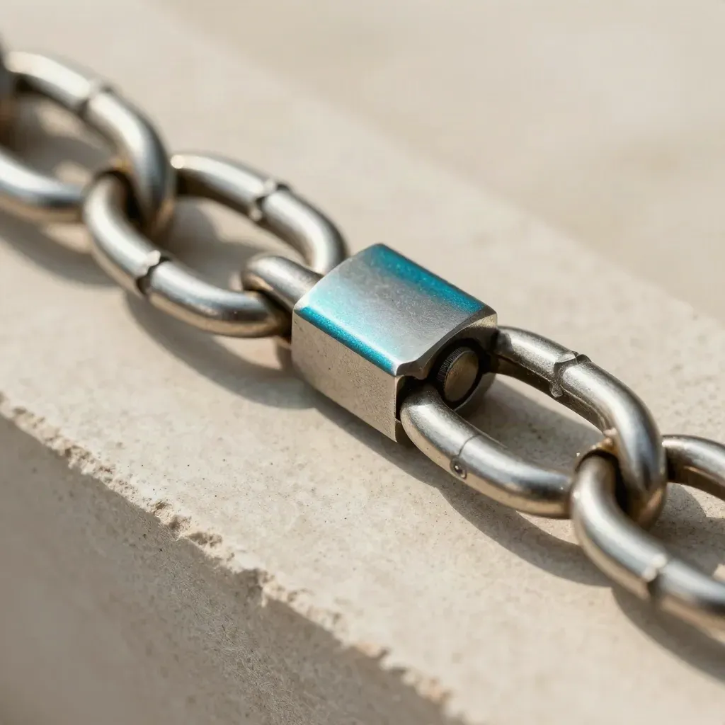 Machined aluminium links and connector rings on stone with a cyan accent.