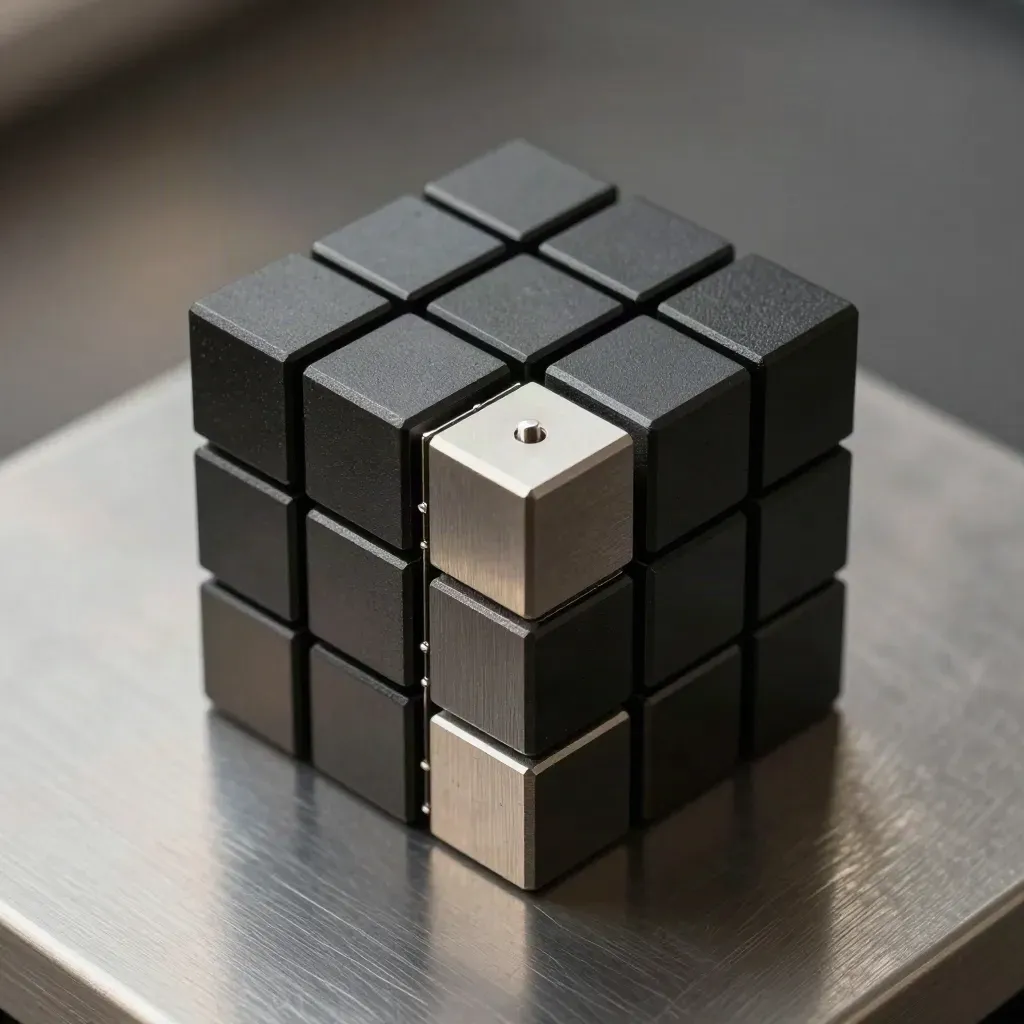 Top-down macro of matte black modular cubes, dovetail joiner and silver pin on brushed metal.