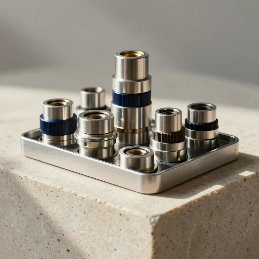 Machined connectors and aluminium spacers arranged on pale stone in soft directional light