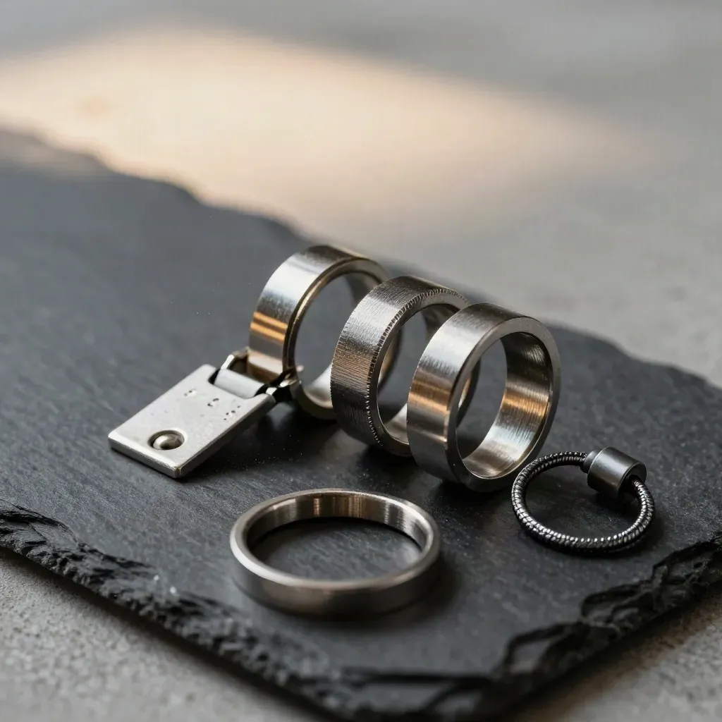 Macro still life of linked washers, hinge plate, and cable loop on dark slate.