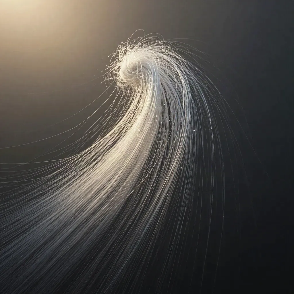 Abstract silver light filaments converge into a white bloom in graphite haze.